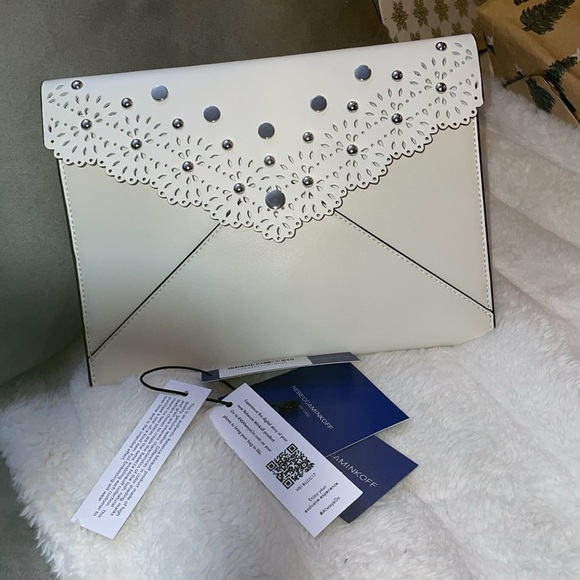 REBECCA MINKOFF Leo Laser Cut Studs Scallop Edge White Leather
Envelope Clutch